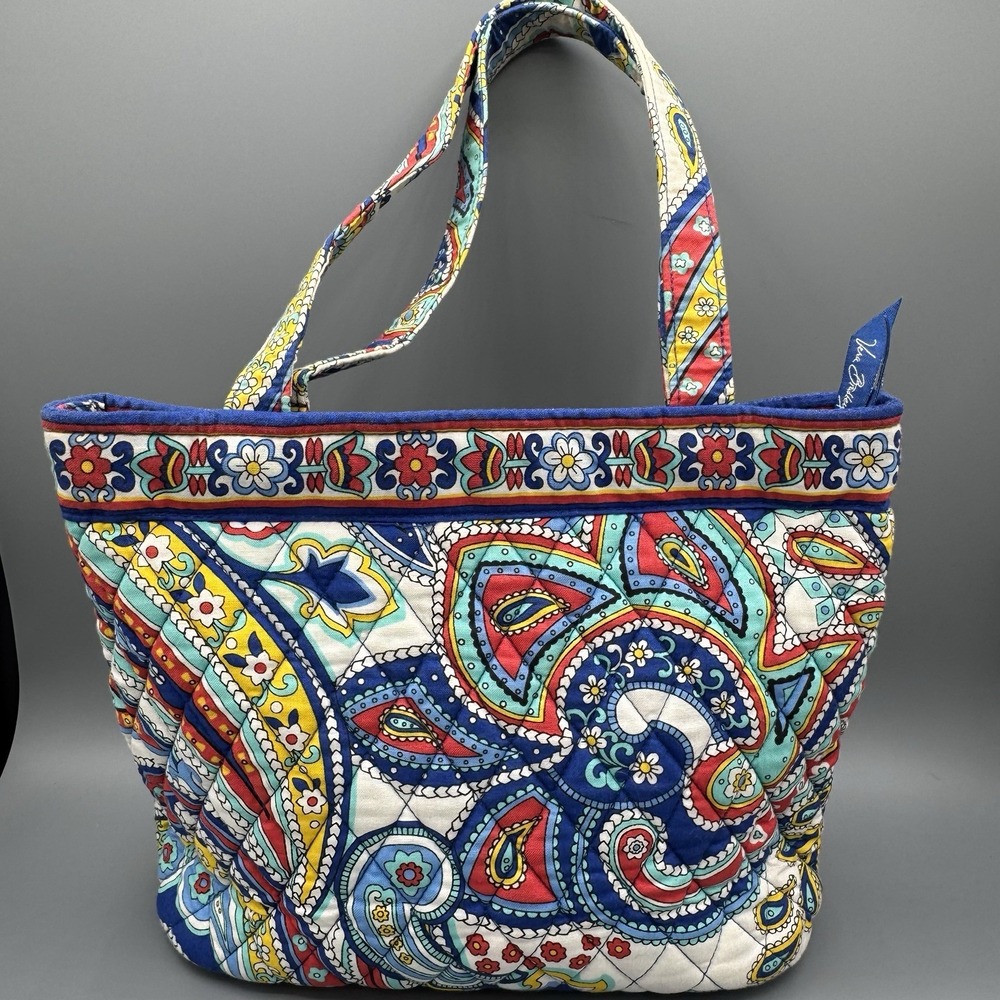 Vtg Vera Bradley Paisley Marina Paisley Multicolor Tote Bag Quilted Zip Closure
